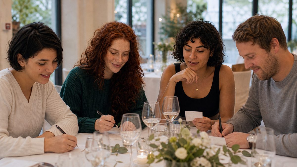 Vier Hochzeitsgäste beantworten gemeinsam Fragen für ein Hochzeitsquiz