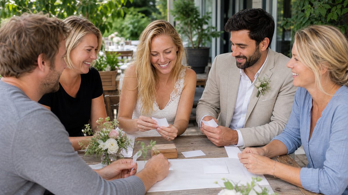 Brautpaar und Gäste spielen gemeinsam ein Hochzeitsspiel am Tisch