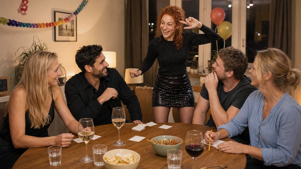 Fünf Erwachsene spielen bei einer Geburtstagsfeier ein Partyspiel
