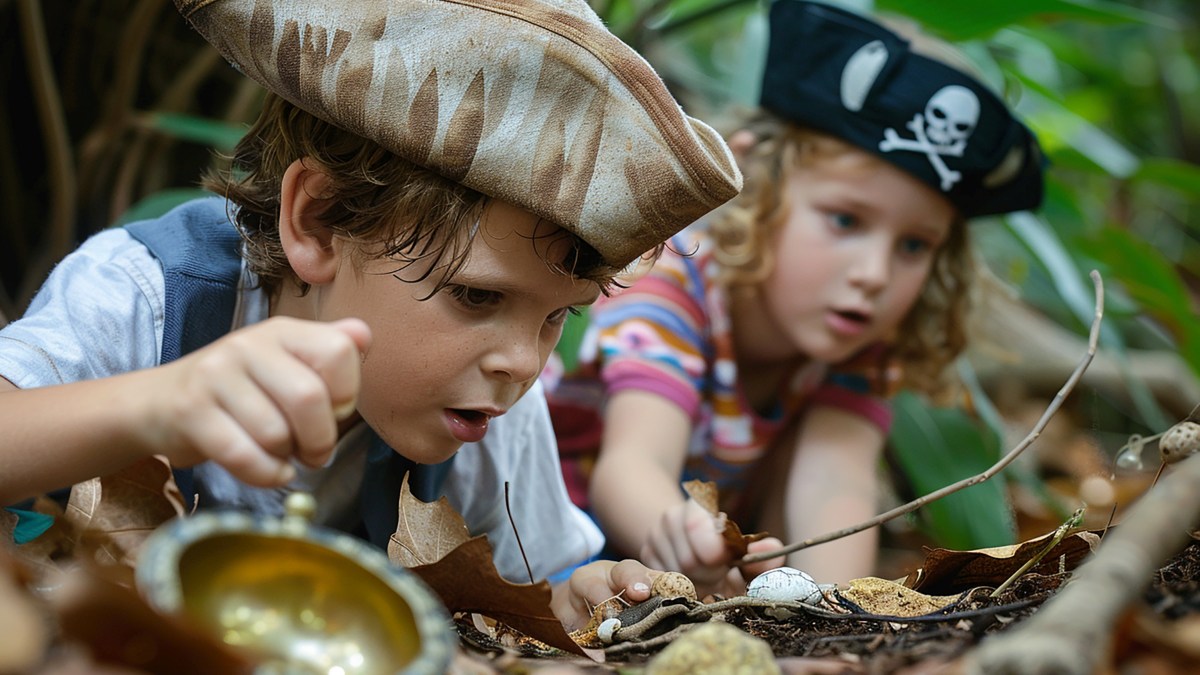 Kinder bei einer Schatzsuche im Garten während eines Kindergeburtstags