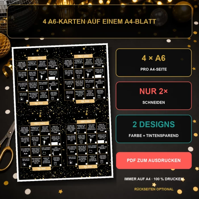 Party Bingo A4-Druckvorschau mit vier A6-Karten und nur zwei Schnitten