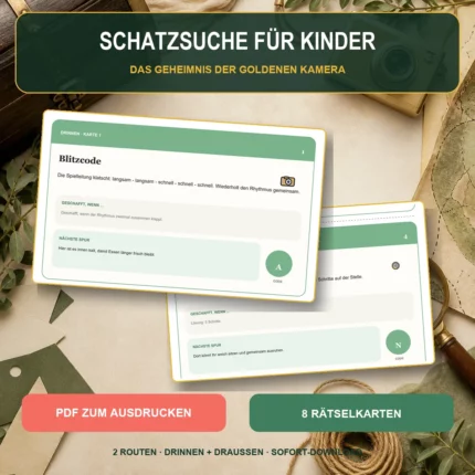 Schatzsuche für Kinder als PDF zum Ausdrucken – acht Rätselkarten und zwei Routen