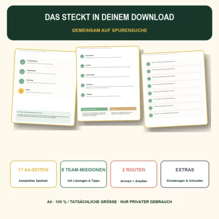 Inhalt der Schnitzeljagd-PDF – 17 A4-Seiten mit Missionen, Routen, Tipps und Urkunden