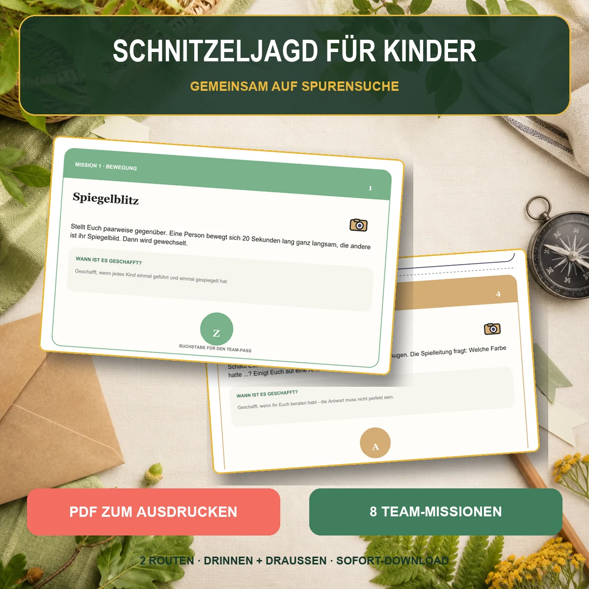 Schnitzeljagd für Kinder - Sofort-Download Schnitzeljagd für Kinder als PDF zum Ausdrucken – 8 Team-Missionen und zwei Routen
