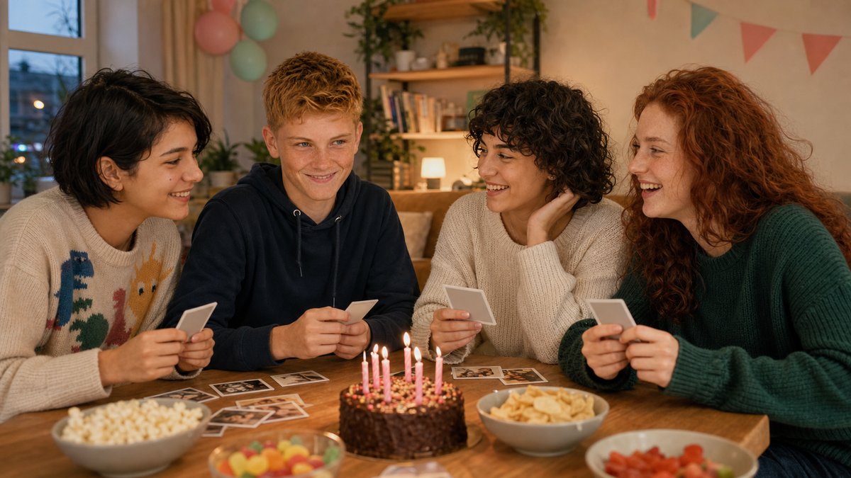 Vier junge Erwachsene spielen Fotoaufgaben beim 18. Geburtstag