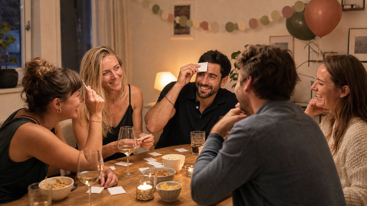 Freundeskreis spielt bei einer Feier zum 30. Geburtstag ein Ratespiel