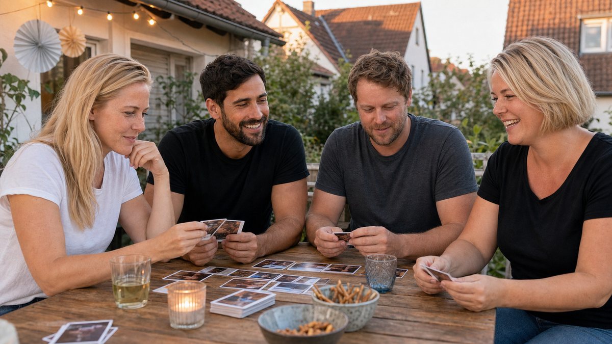 Vier Freunde spielen bei einer Geburtstagsfeier gemeinsam ein Kartenspiel