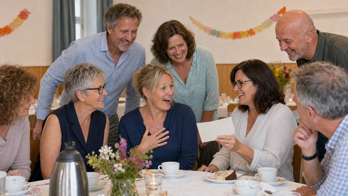 Gäste spielen bei einer Feier zum 50. Geburtstag ein persönliches Ratespiel