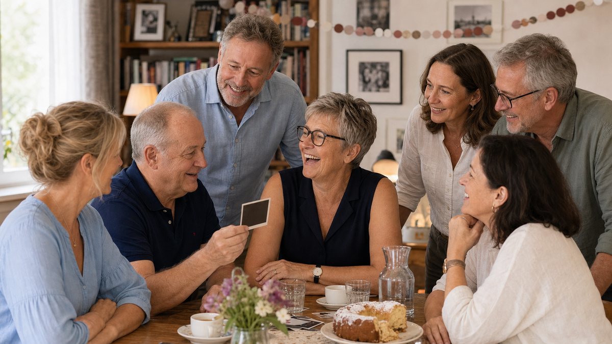 Familie und Freund:innen spielen zum 60. Geburtstag ein Erinnerungs-Fotospiel