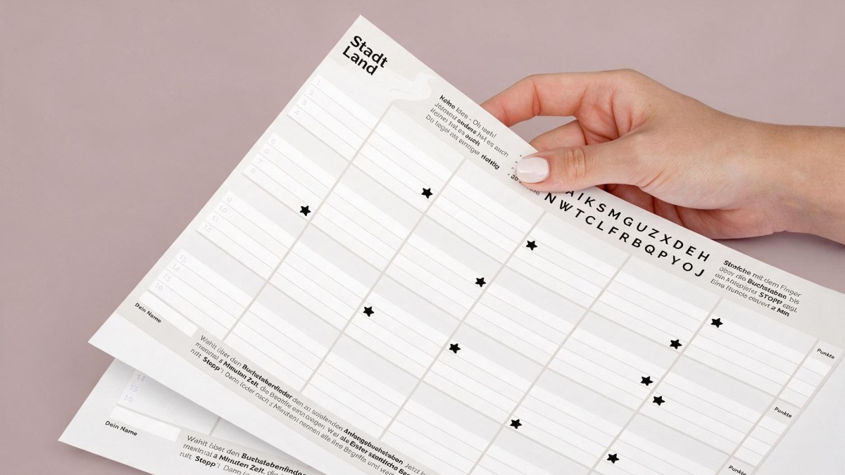 Ausgedrucktes Stadt-Land-Fluss-Spielblatt von snaPmee mit Buchstabenfinder und Sternfeldern