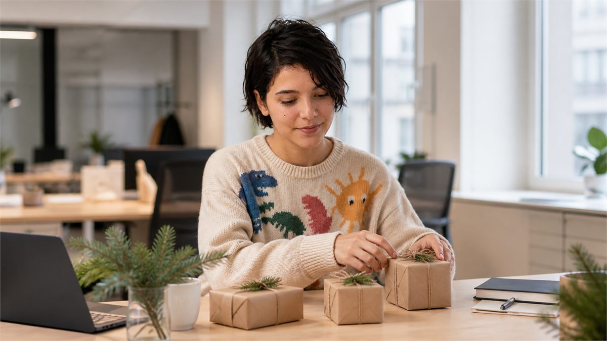 Mia verpackt kleine Weihnachtsgeschenke für Kolleginnen und Kollegen