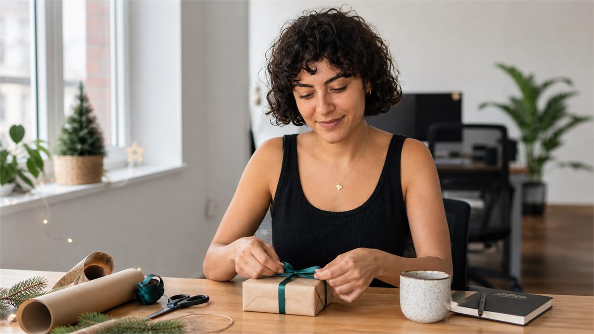 Leyla verpackt ein kleines Wichtelgeschenk im Büro