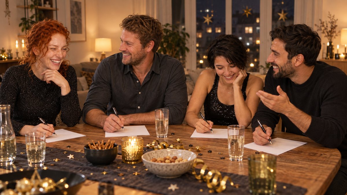 Vier Erwachsene spielen an Silvester gemeinsam ein Partyspiel am Tisch