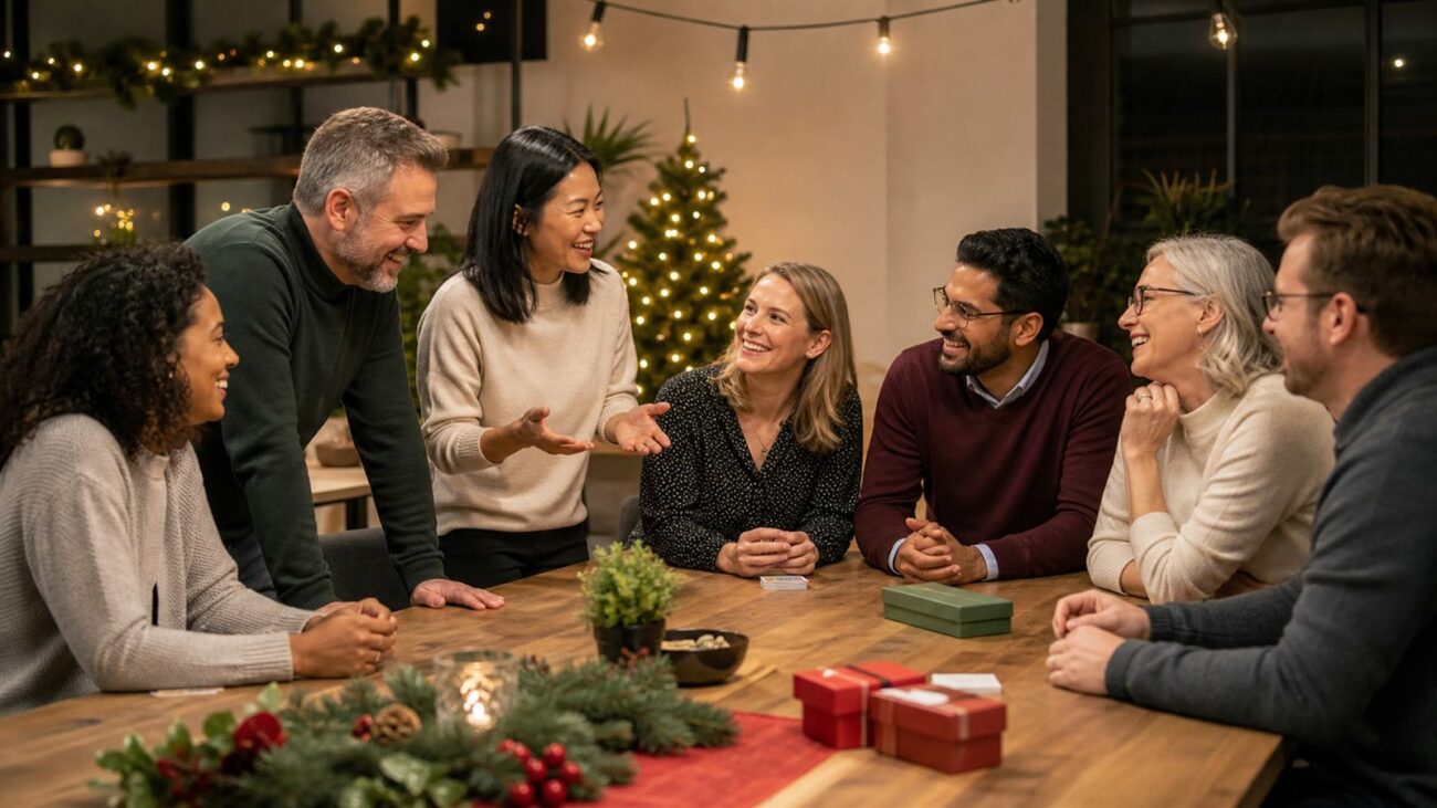 Kolleginnen und Kollegen spielen bei einer Weihnachtsfeier gemeinsam ein Teamspiel